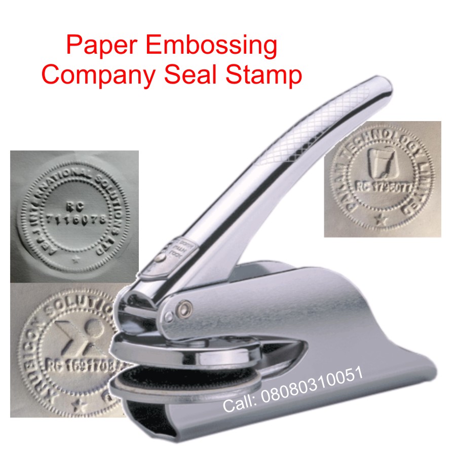 Embossed company seal stamp on paper, created by professional stamp maker Chembx in Nigeria.